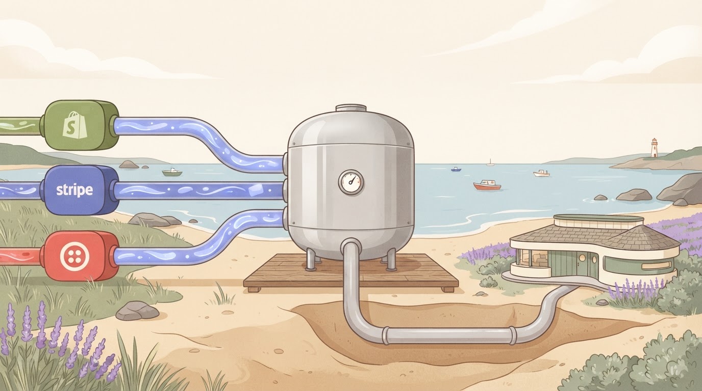 Three different pipes (labeled with small logos for Shopify, Stripe, and Twilio) all feeding into one large, central tank.