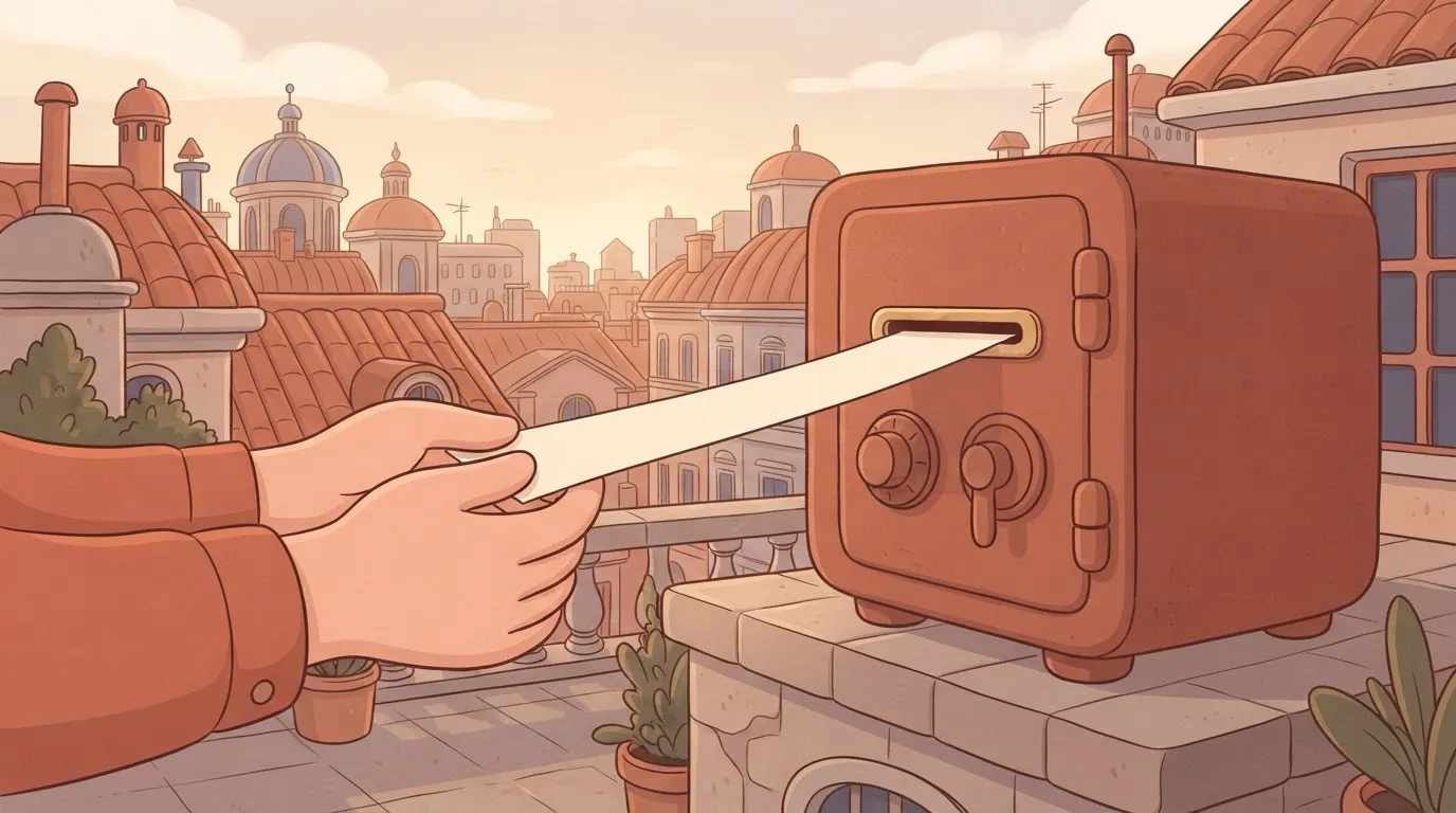 A heavy metal safe with a tiny, specialized mail-slot through which a single, thin strip of paper is being passed to a pair…