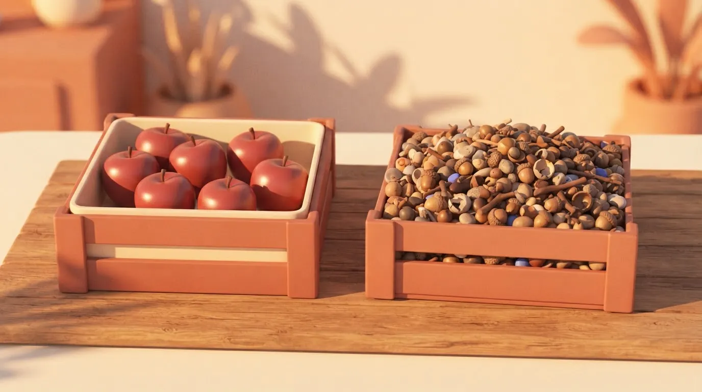Crate of few apples beside crate of many mixed pebbles
