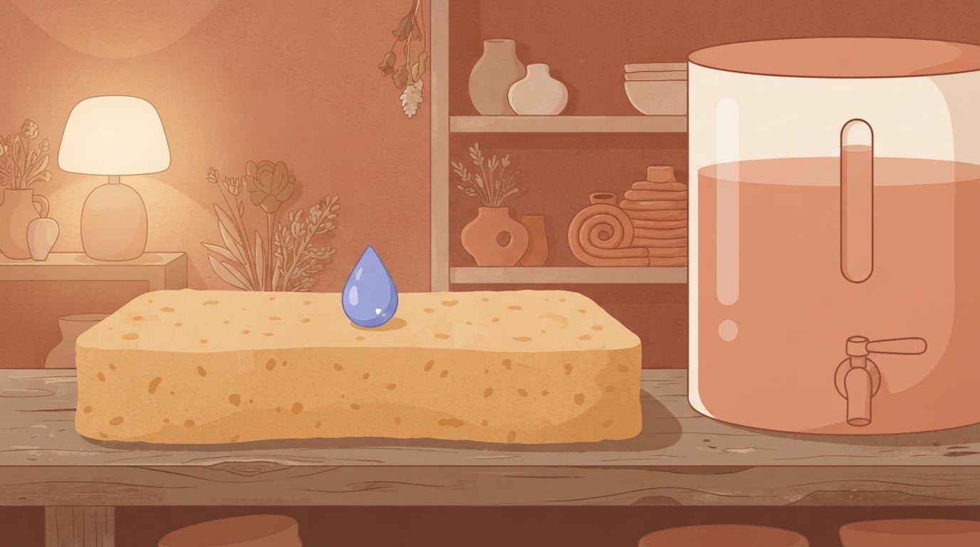 A single, small water drop sitting on a vast, dry sponge, while a giant full water tank stands nearby with its tap tightly…