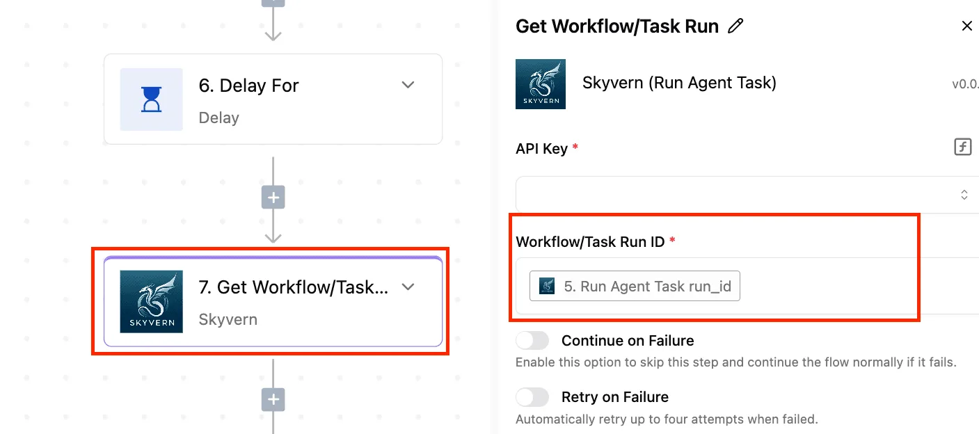 A workflow builder showing a Skyvern step selected with its configuration panel open on the right, displaying API Key and…