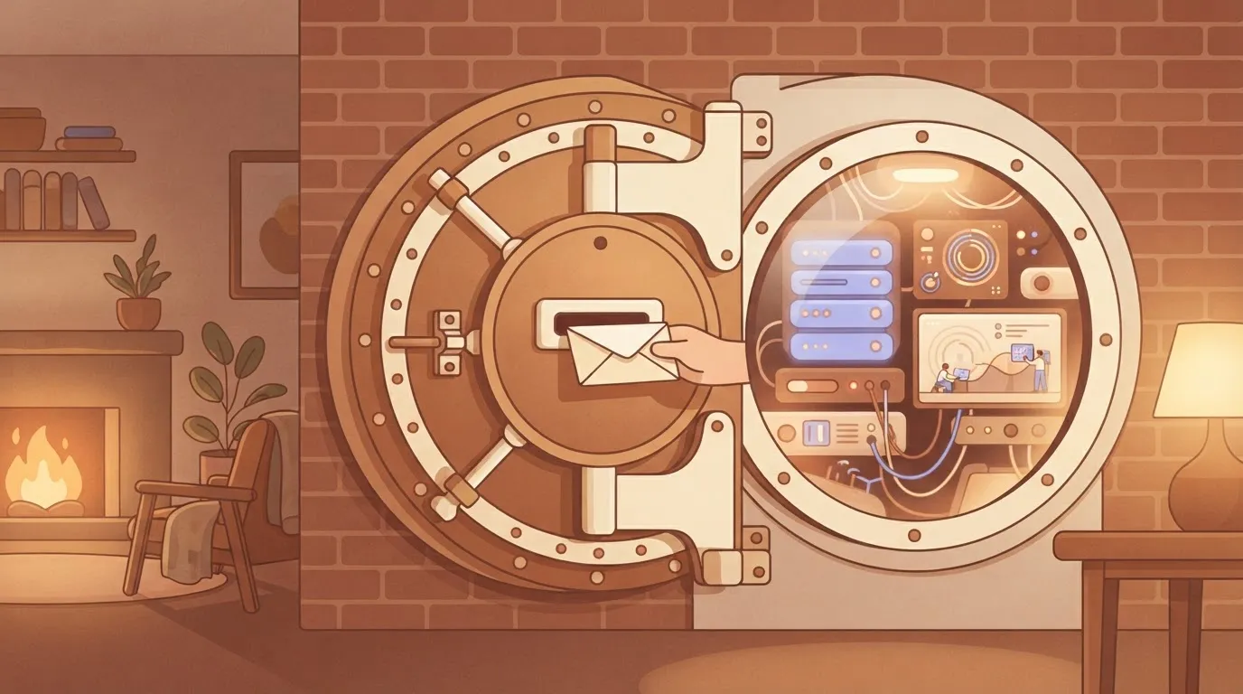 A heavy vault door with a small, simple mail slot in the center.