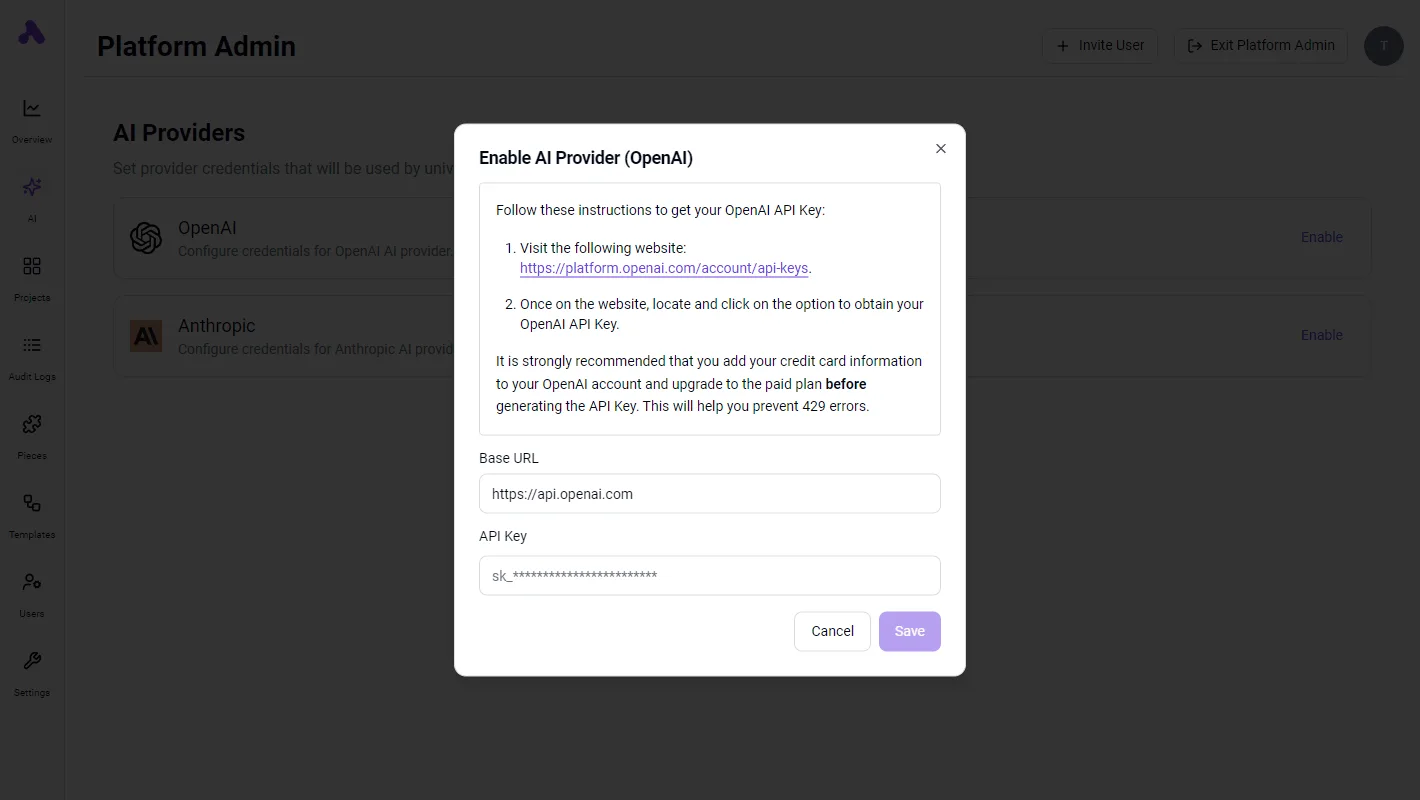 Modal dialog for enabling OpenAI as an AI provider in Activepieces Platform Admin, showing API key setup instructions and…