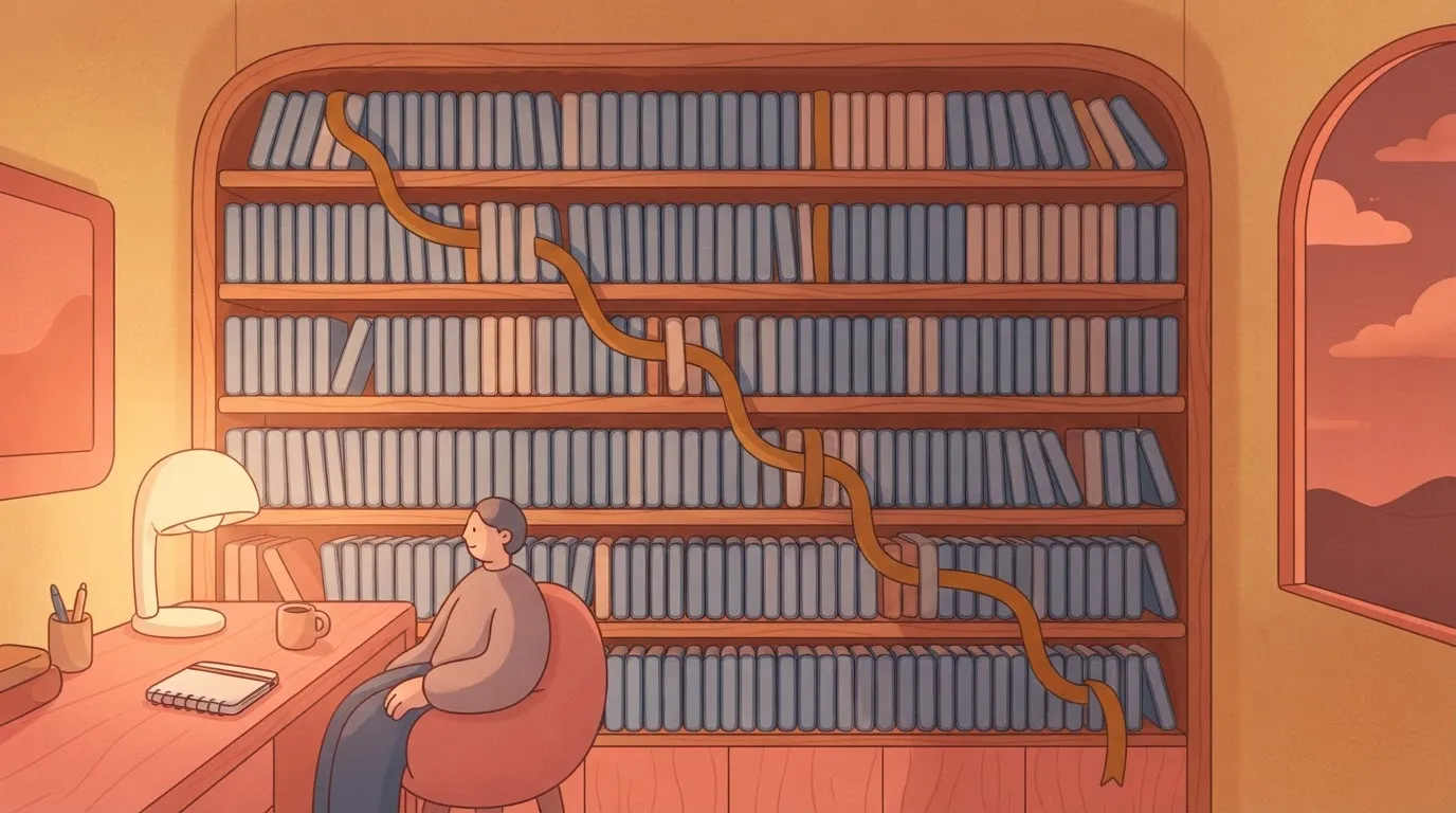 A tall, narrow bookshelf stacked with hundreds of identical thin volumes, with one single, continuous bookmark ribbon…