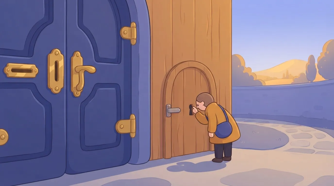 A person standing before two doors.