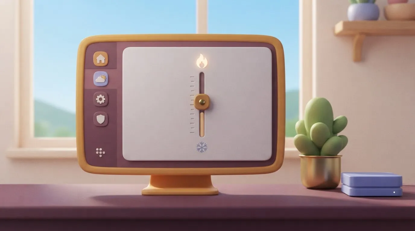A computer screen displaying a dashboard with a sidebar of system instructions and a slider bar for temperature settings.