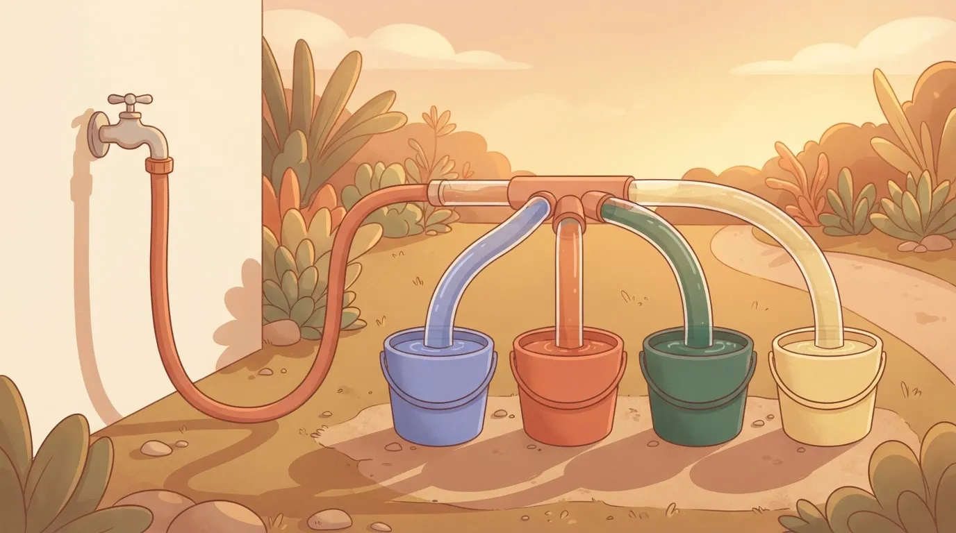 A single garden hose splitting into four transparent pipes, each a different color, leading to four different buckets to…