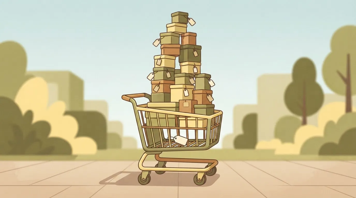 A trolley with a small base tag and a tall stack of separately tagged boxes