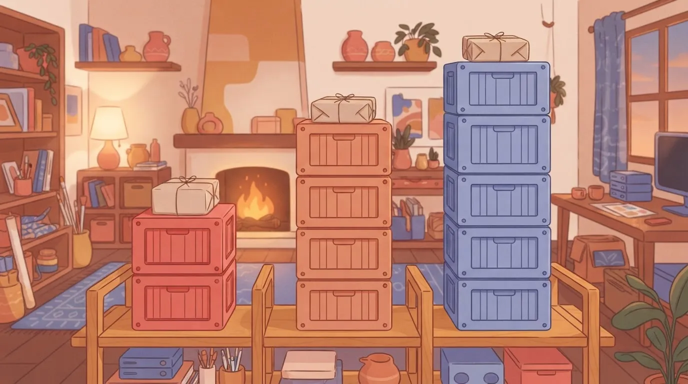 Three crates of different heights holding the same parcel