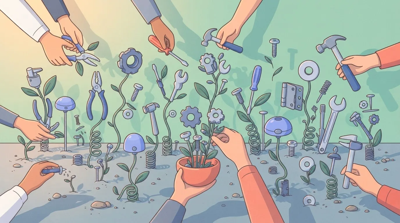 A garden where the plants are not flowers but various industrial tools and hardware growing out of the soil, being tended…