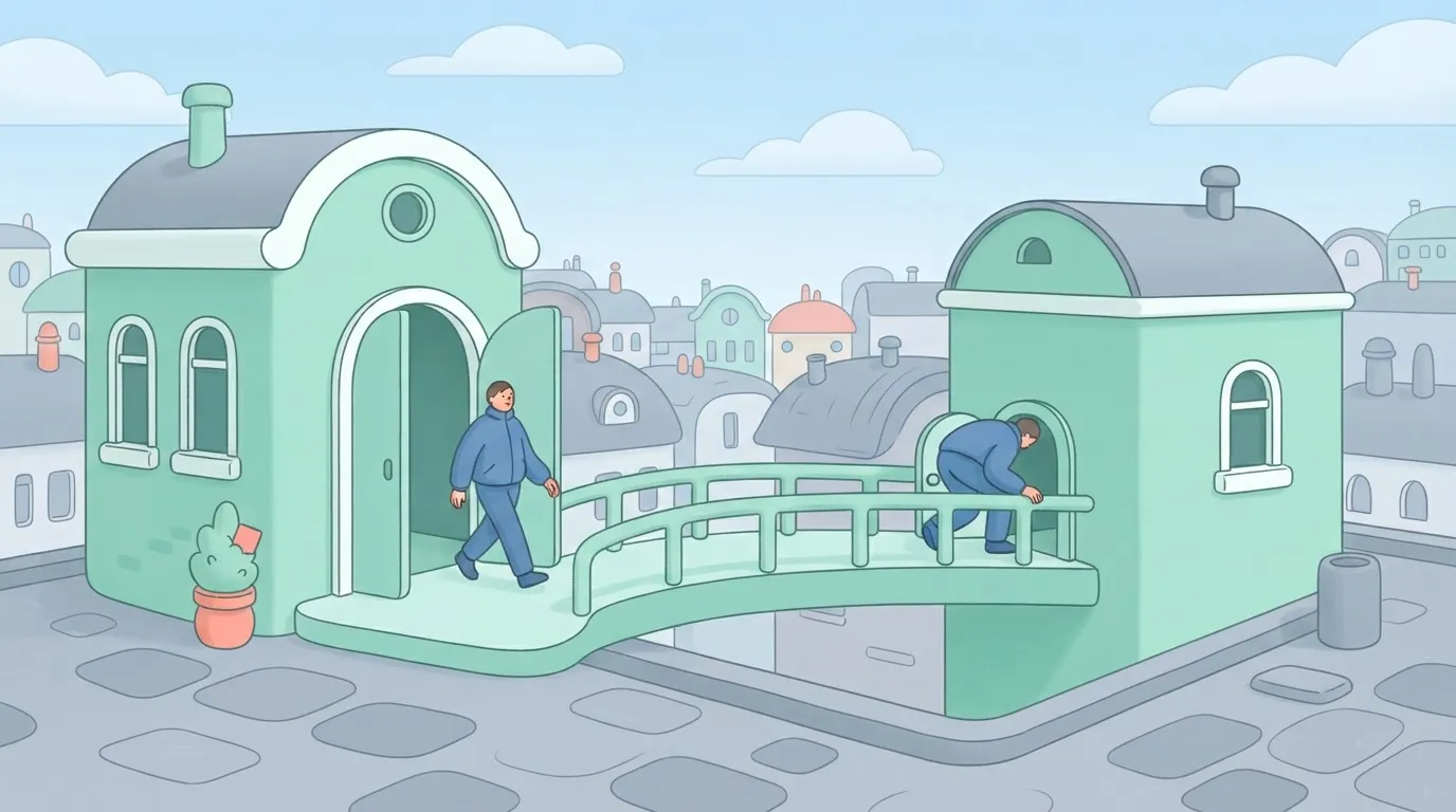 A wide gate at one end of a bridge and a low hatch at the other