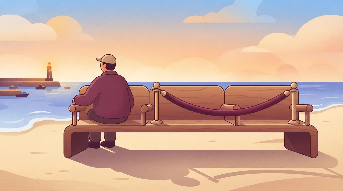 A wooden bench designed for three people, with a single person sitting at one end and the other two-thirds of the bench…