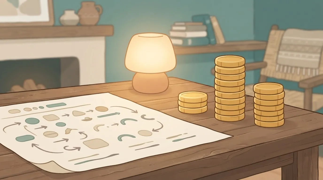 A printed workflow log sheet on a desk, with three separate stacks of coins beside it for cache-hit input, cache-miss input…