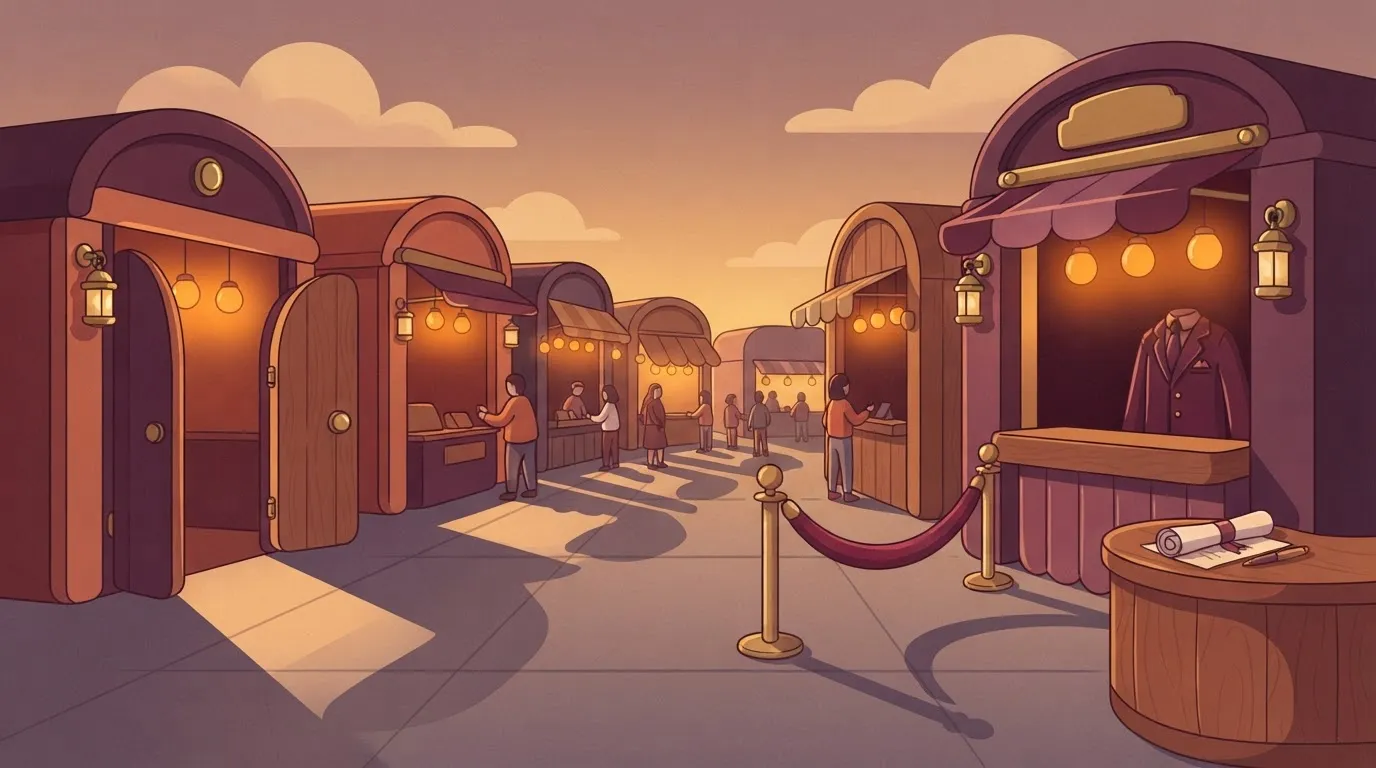 Open stalls beside a roped-off stall with a contract desk