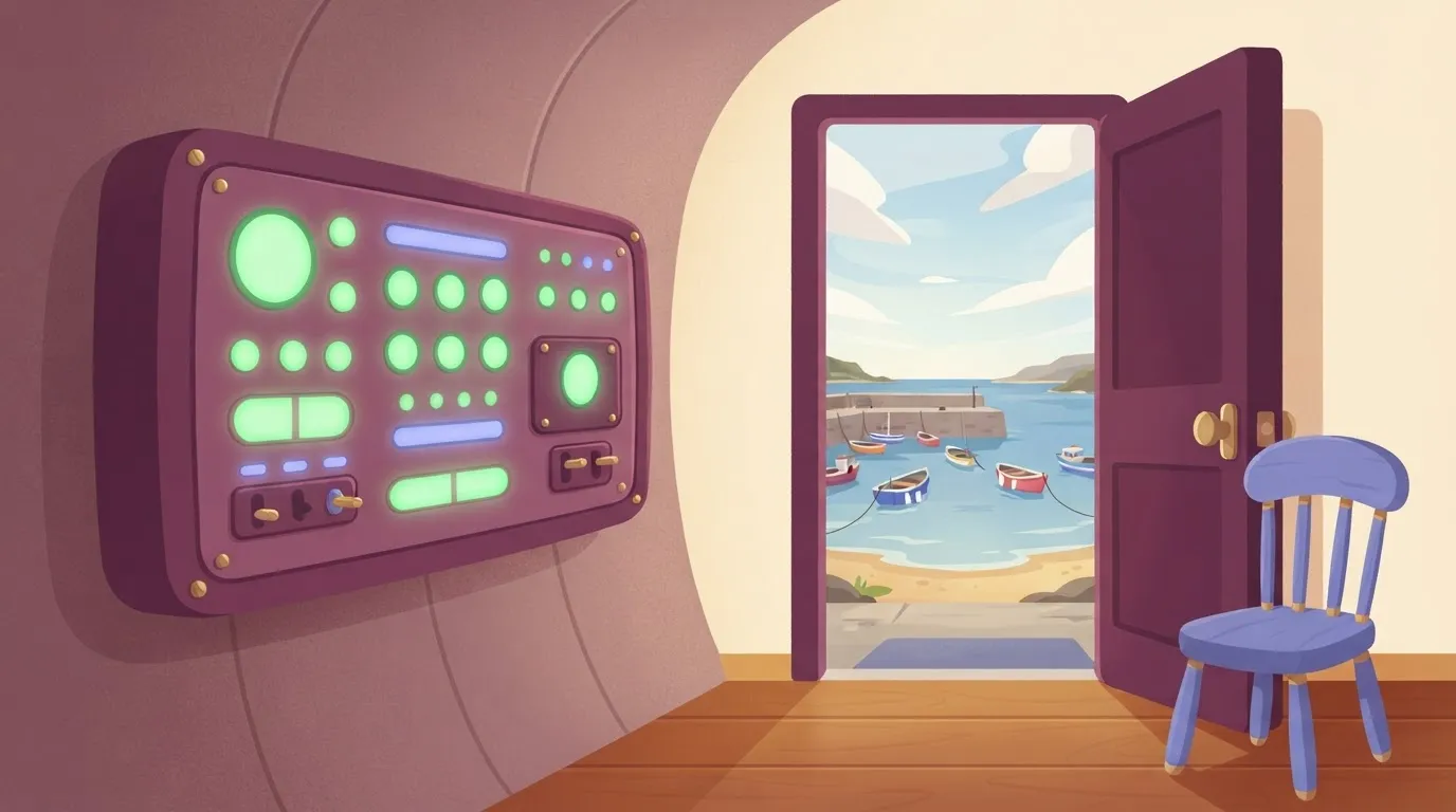 A green-lit panel next to a wide-open propped door