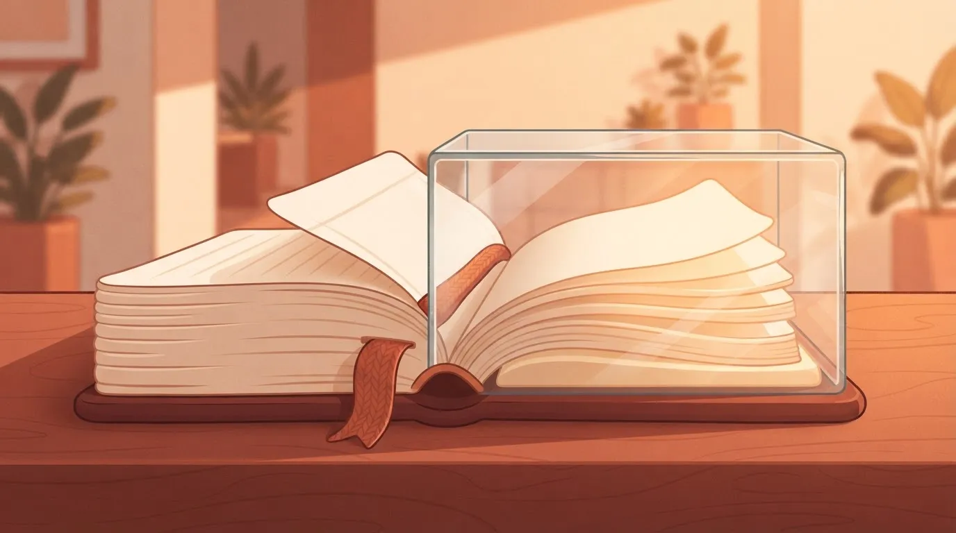Ledger with a bookmark, earlier pages left outside a glass box