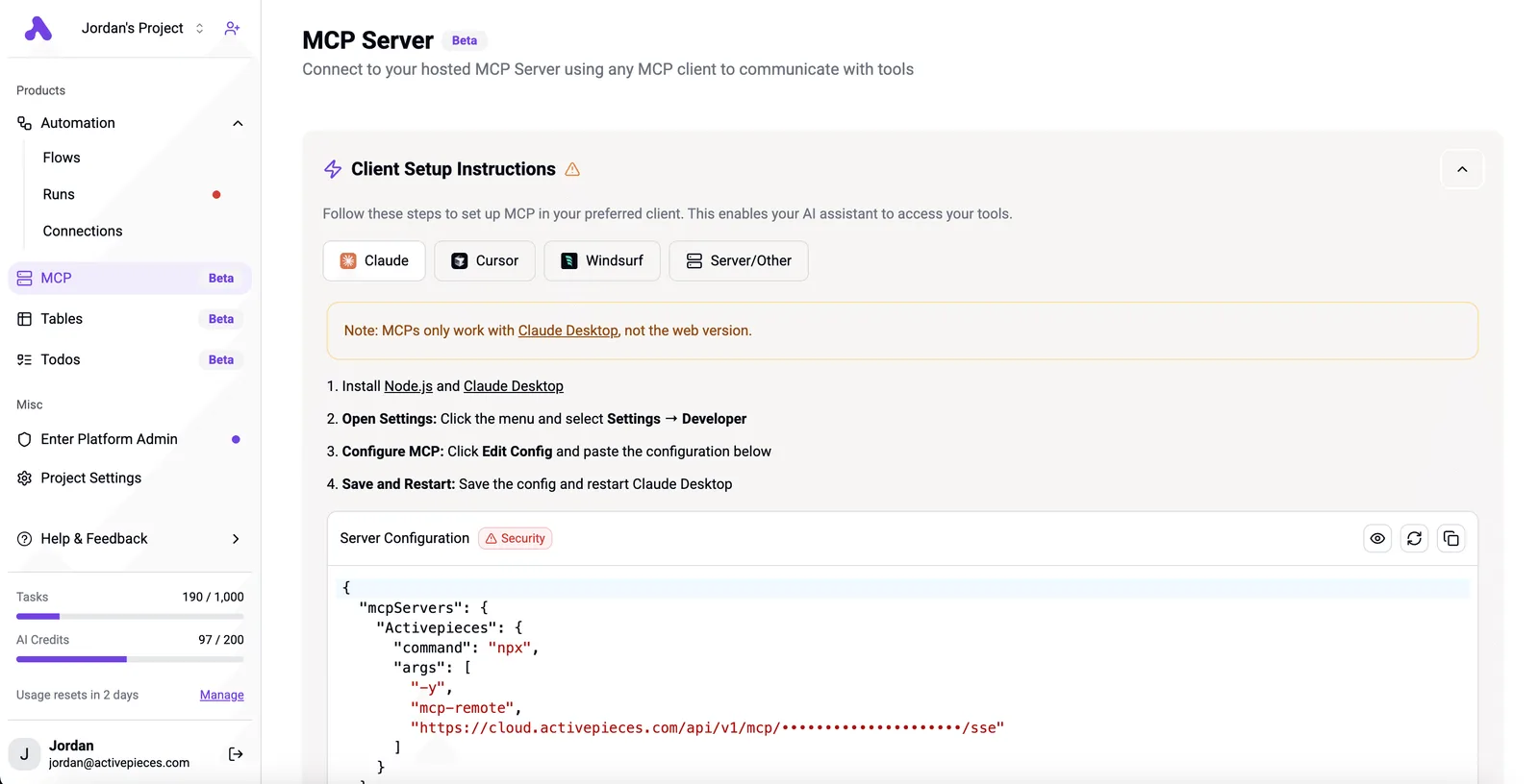 The Activepieces MCP Server configuration interface with setup instructions for Claude, Cursor, Windsurf and other clients.