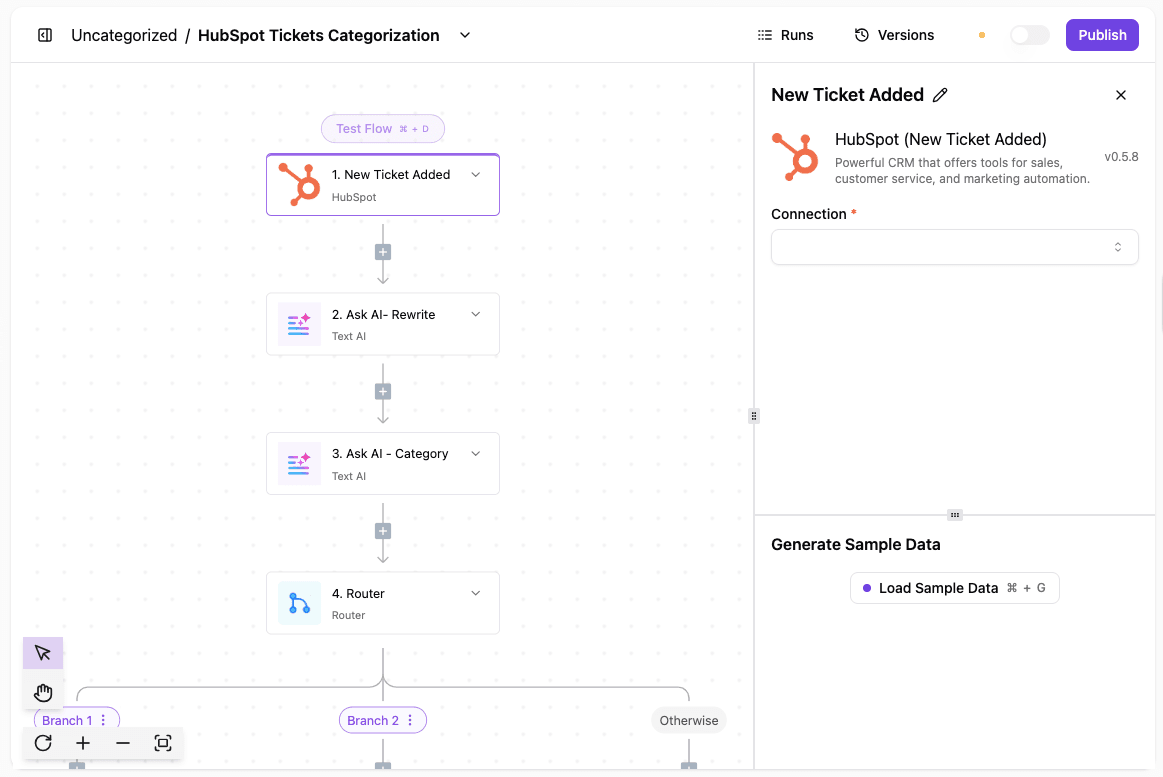 Activepieces HubSpot tickets categorization flow