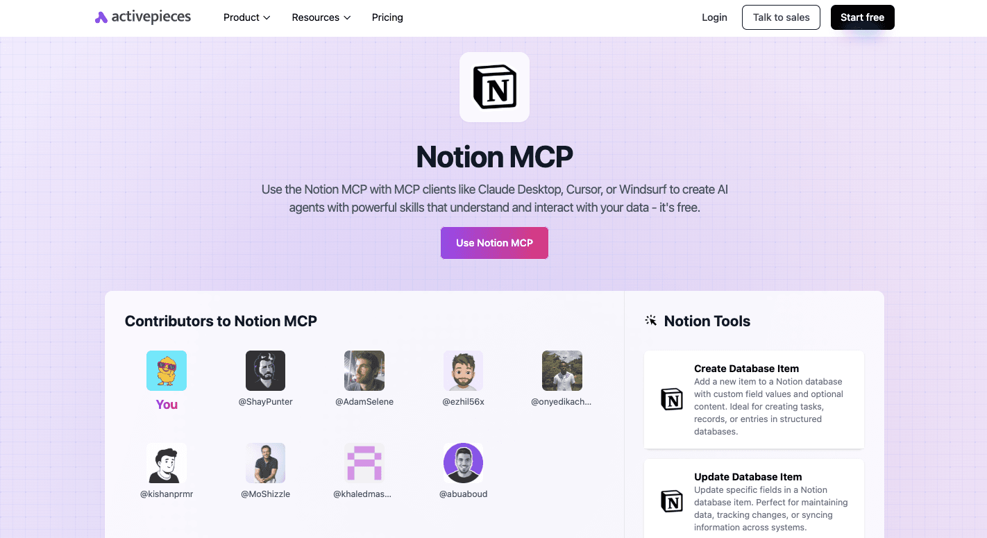 Activepieces Notion MCP interface displaying automation tools that sync Notion databases